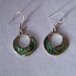 Iridescent abalone shell, round dangle earrings, lovely blue & green, handmade